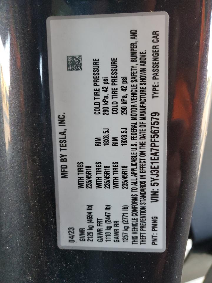 2023 TESLA MODEL 3  VIN:5YJ3E1EA7PF567579