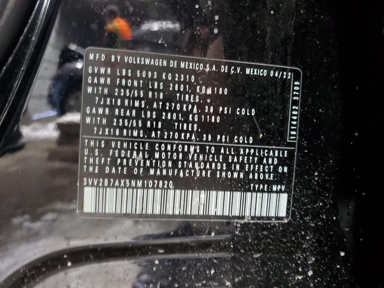 2022 VOLKSWAGEN TIGUAN SE VIN:3VV2B7AX5NM107820