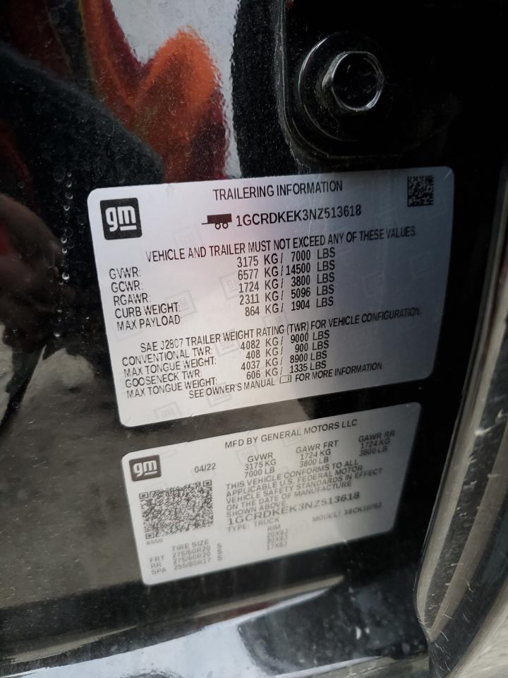 2022 CHEVROLET SILVERADO K1500 LT-L VIN:1GCRDKEK3NZ513618