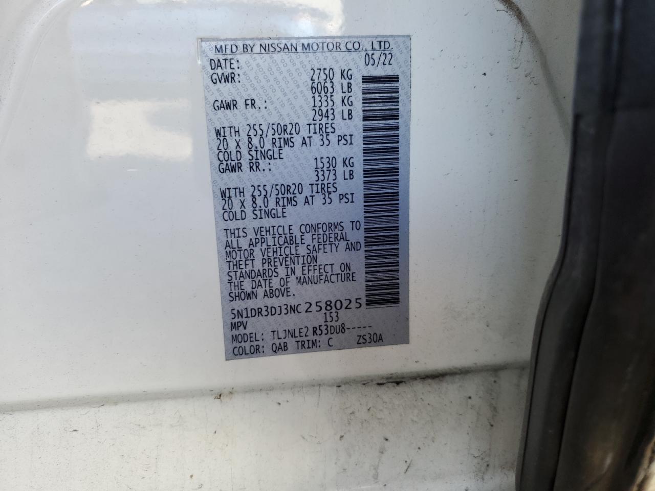 2022 NISSAN PATHFINDER PLATINUM VIN:5N1DR3DJ3NC258025