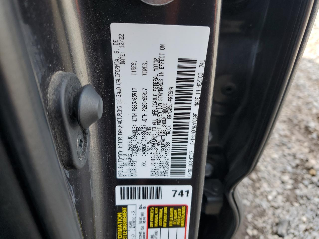 2023 TOYOTA TACOMA DOUBLE CAB VIN:3TMCZ5AN7PM552788