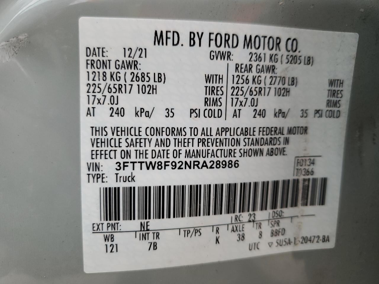 2022 FORD MAVERICK XL VIN:3FTTW8F92NRA28986