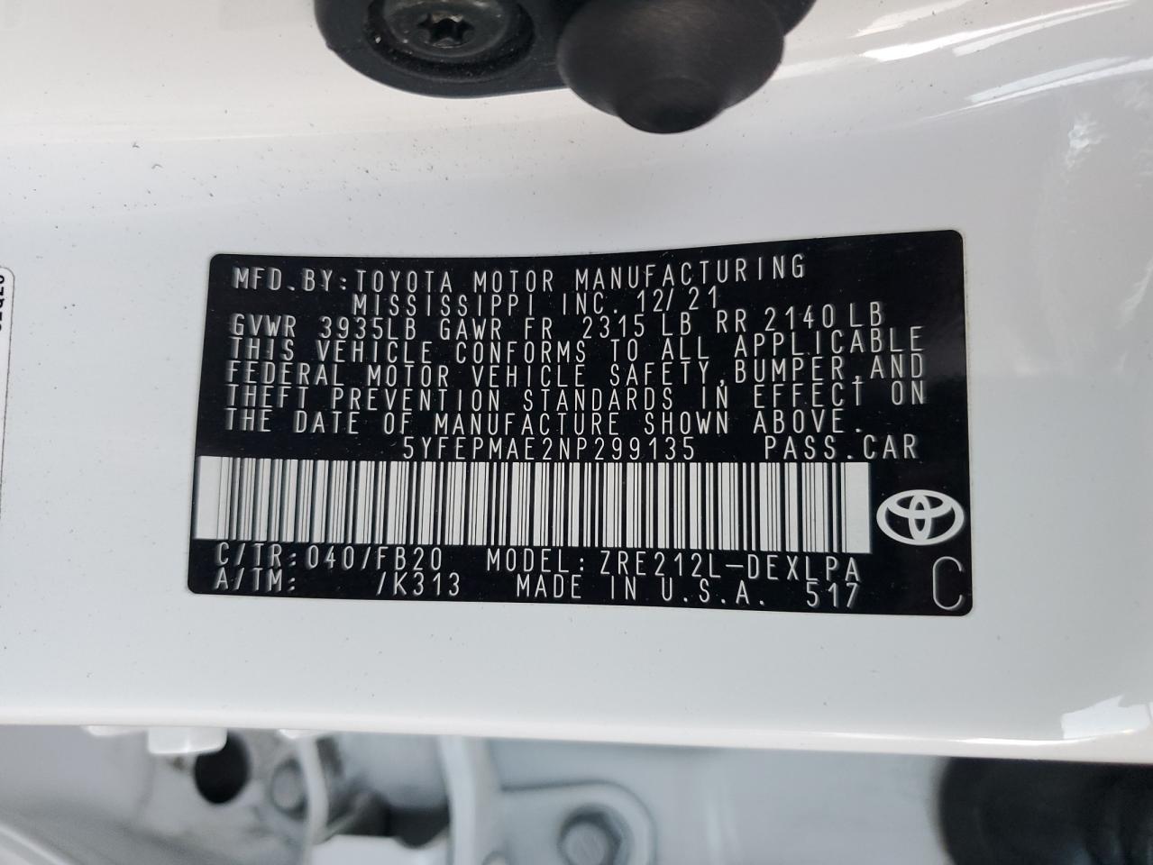 2022 TOYOTA COROLLA LE VIN:5YFEPMAE2NP299135