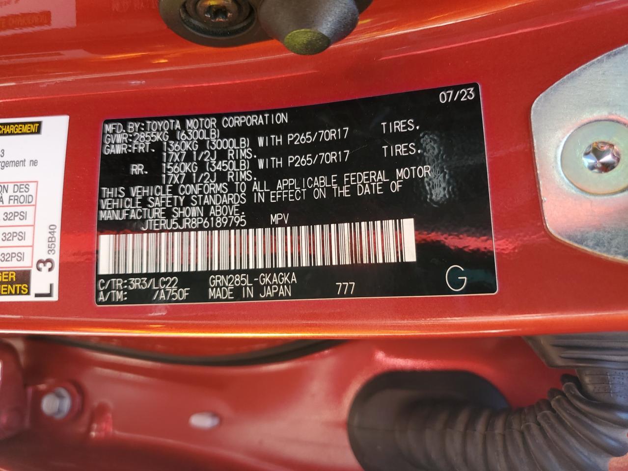 2023 TOYOTA 4RUNNER SE VIN:JTERU5JR8P6189795