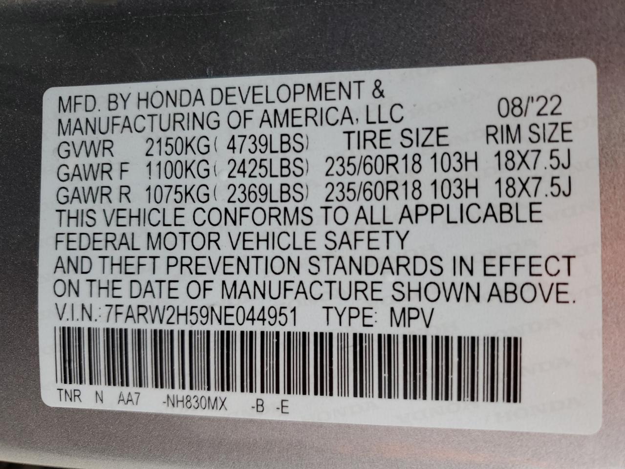2022 HONDA CR-V EX VIN:7FARW2H59NE044951