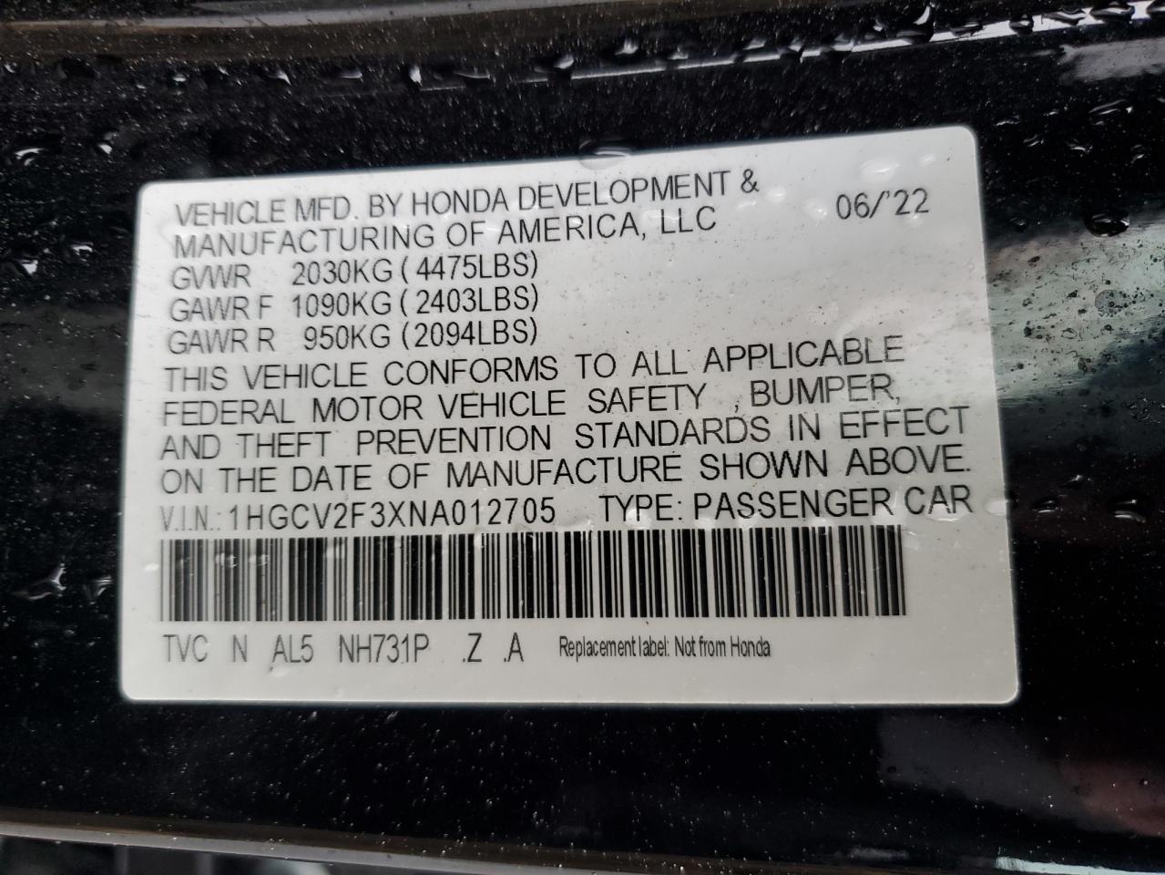 2022 HONDA ACCORD SPORT VIN:1HGCV2F3XNA012705