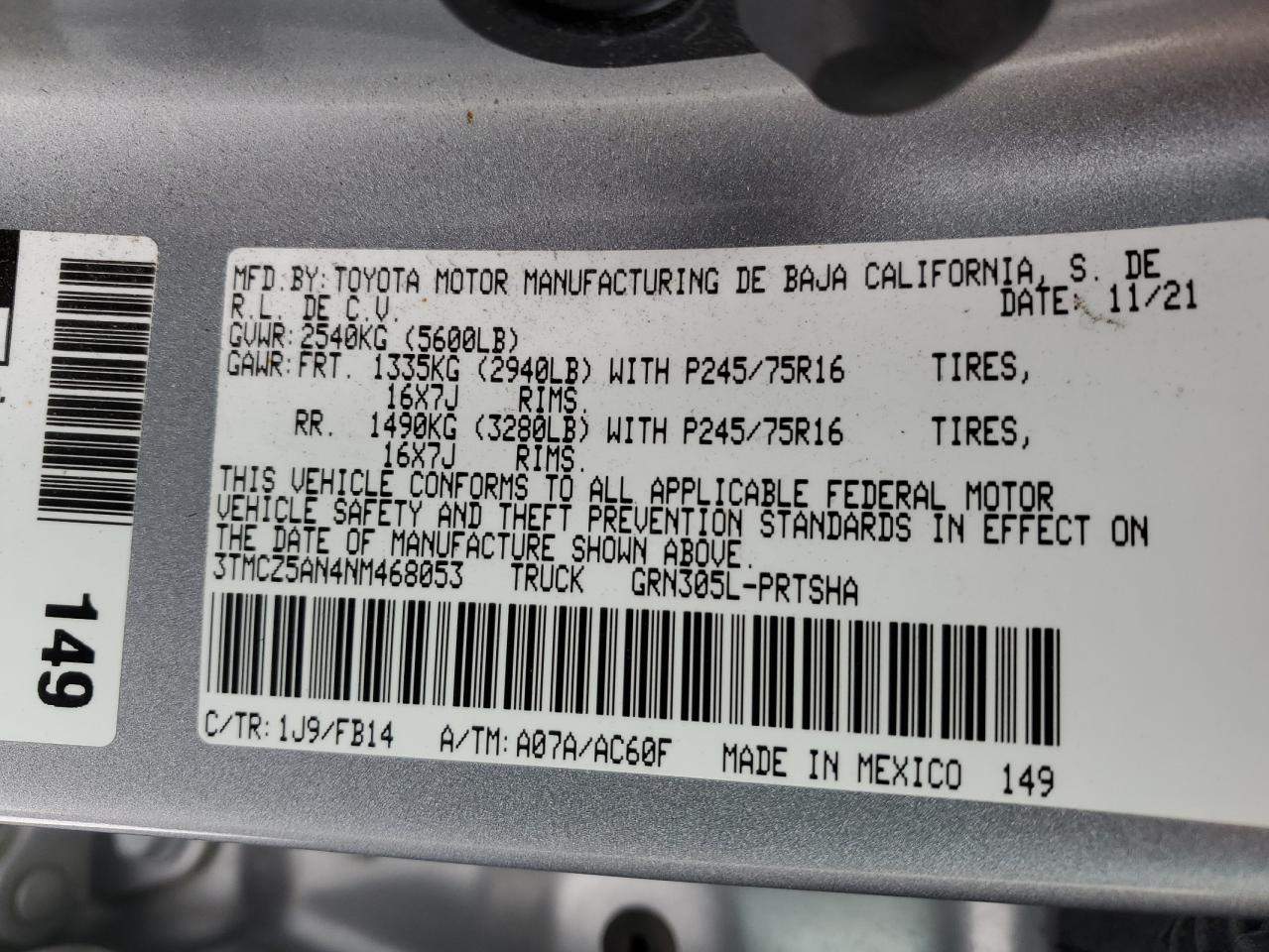 2022 TOYOTA TACOMA DOUBLE CAB VIN:3TMCZ5AN4NM468053
