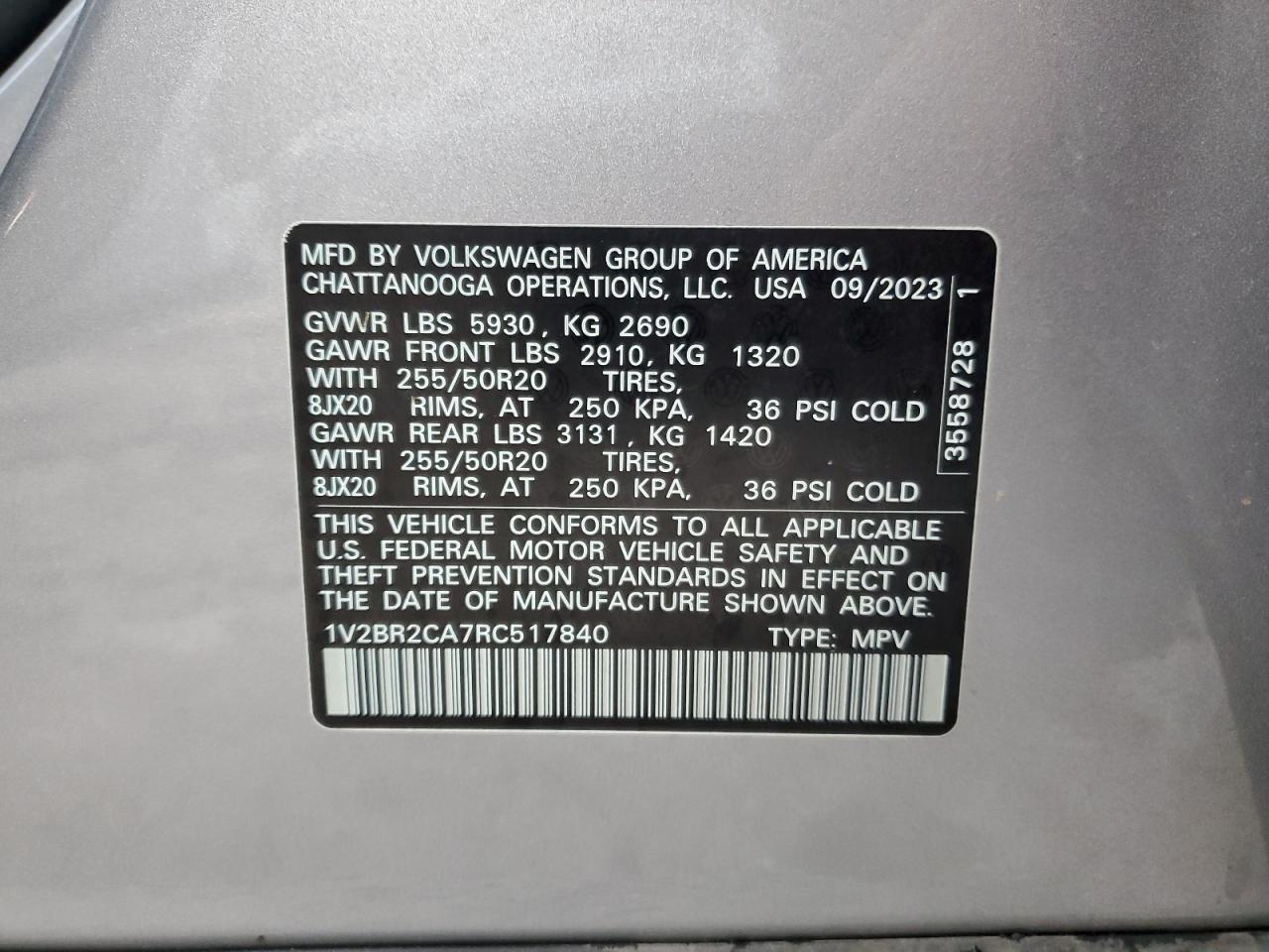 2024 VOLKSWAGEN ATLAS SEL VIN:1V2BR2CA7RC517840