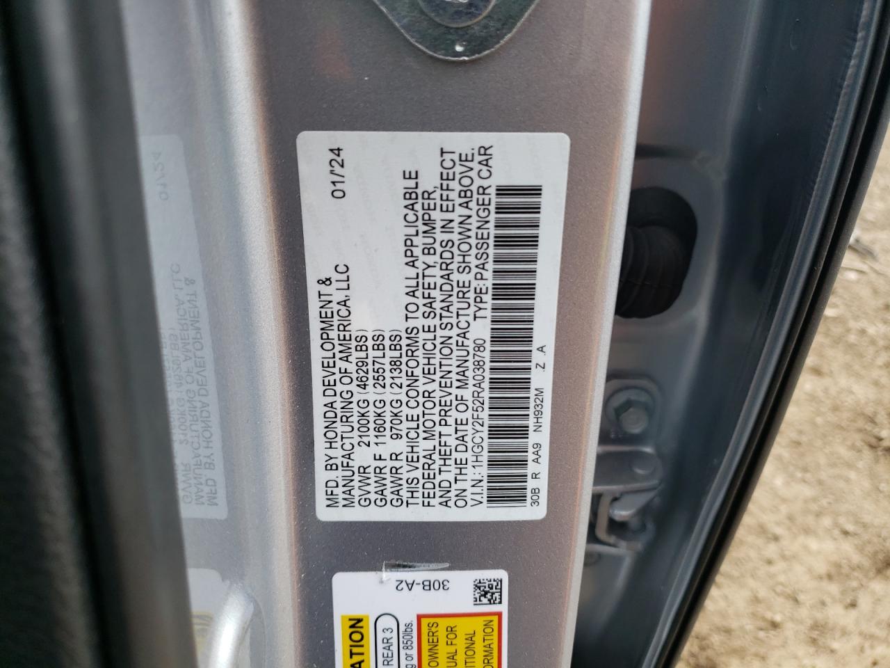 2024 HONDA ACCORD HYBRID SPORT VIN:1HGCY2F52RA038780