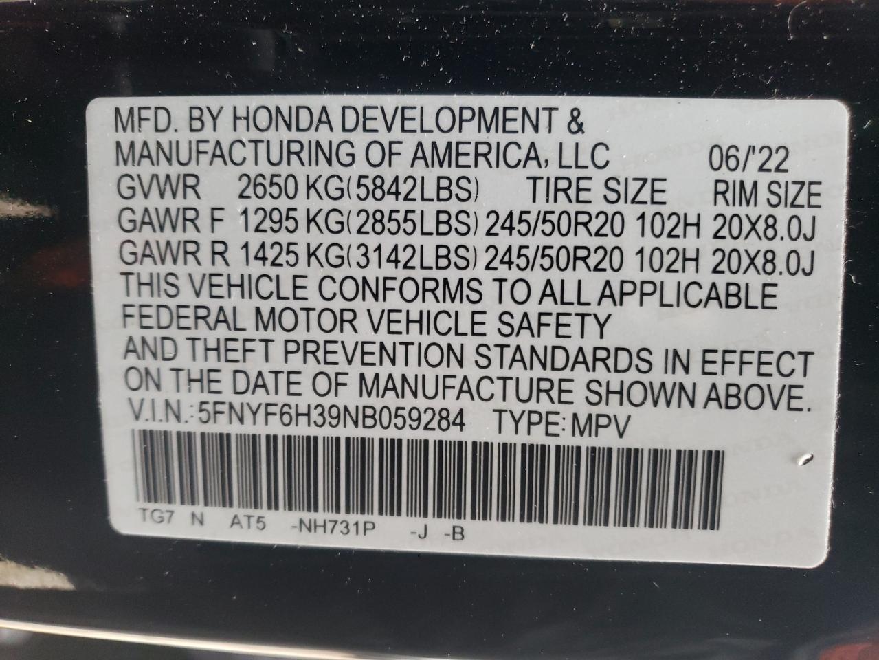2022 HONDA PILOT SPORT VIN:5FNYF6H39NB059284