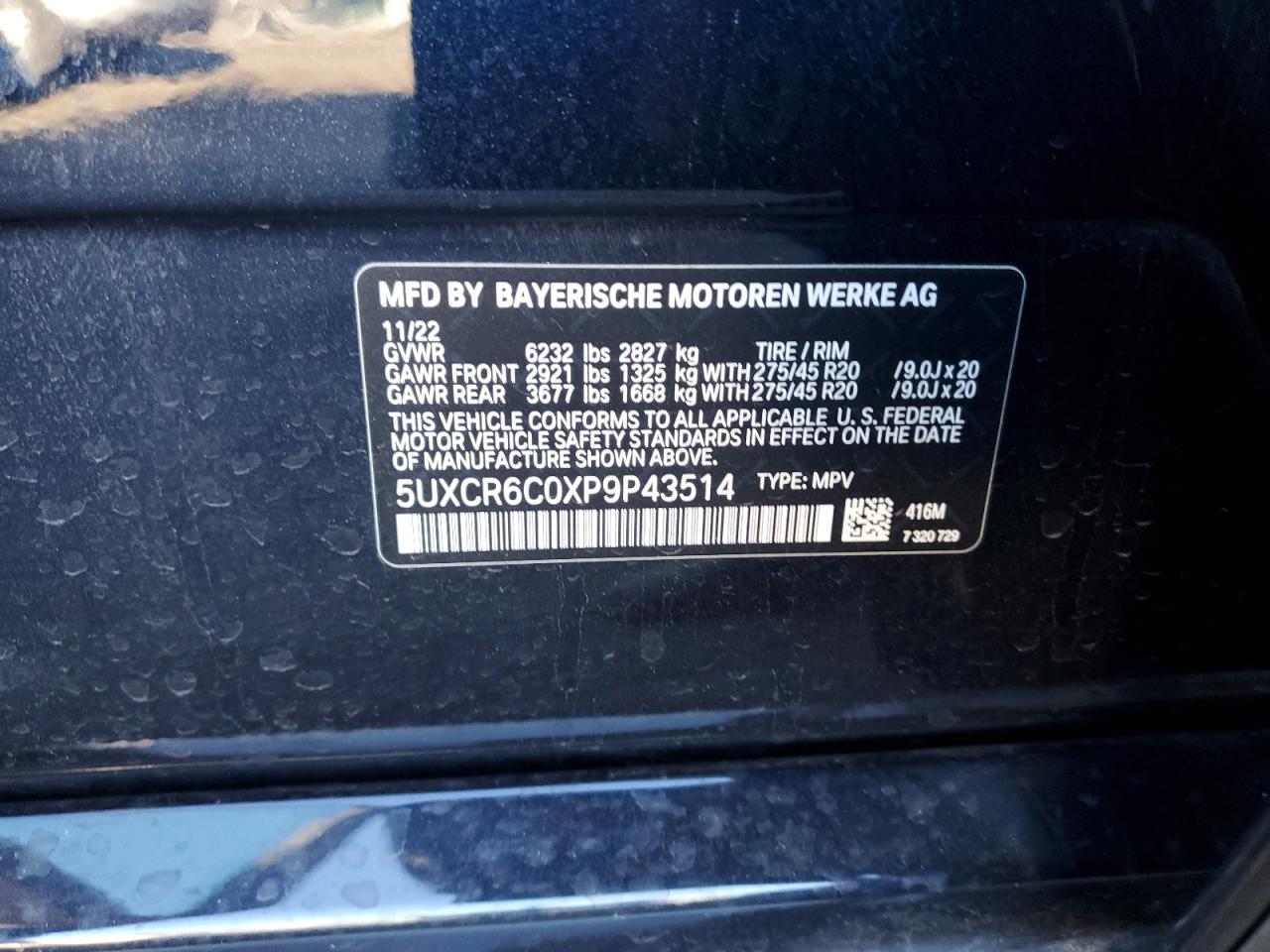 2023 BMW X5 XDRIVE40I VIN:5UXCR6C0XP9P43514