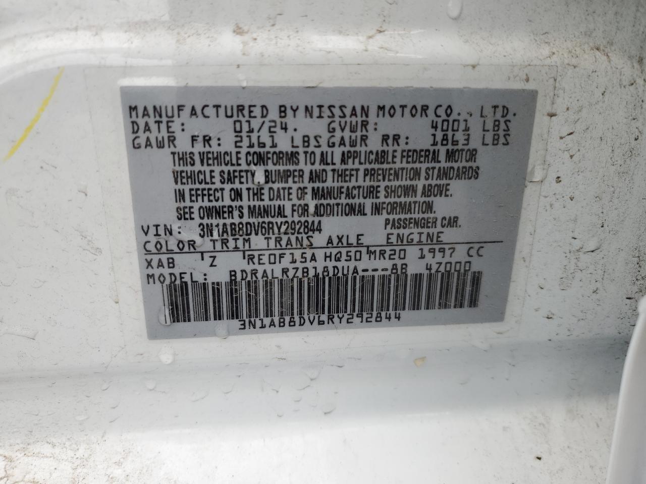2024 NISSAN SENTRA SR VIN:3N1AB8DV6RY292844