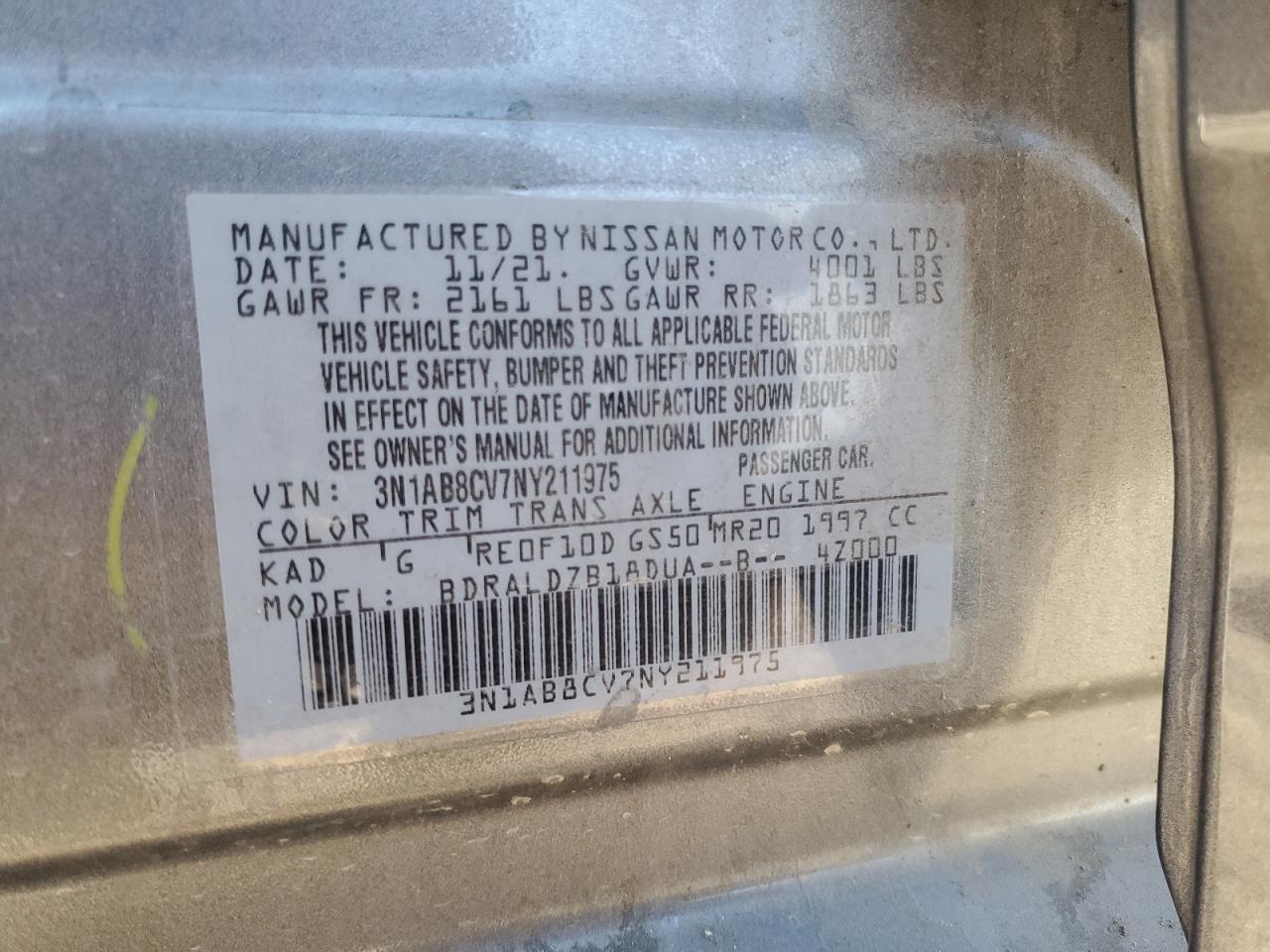 2022 NISSAN SENTRA SV VIN:3N1AB8CV7NY211975