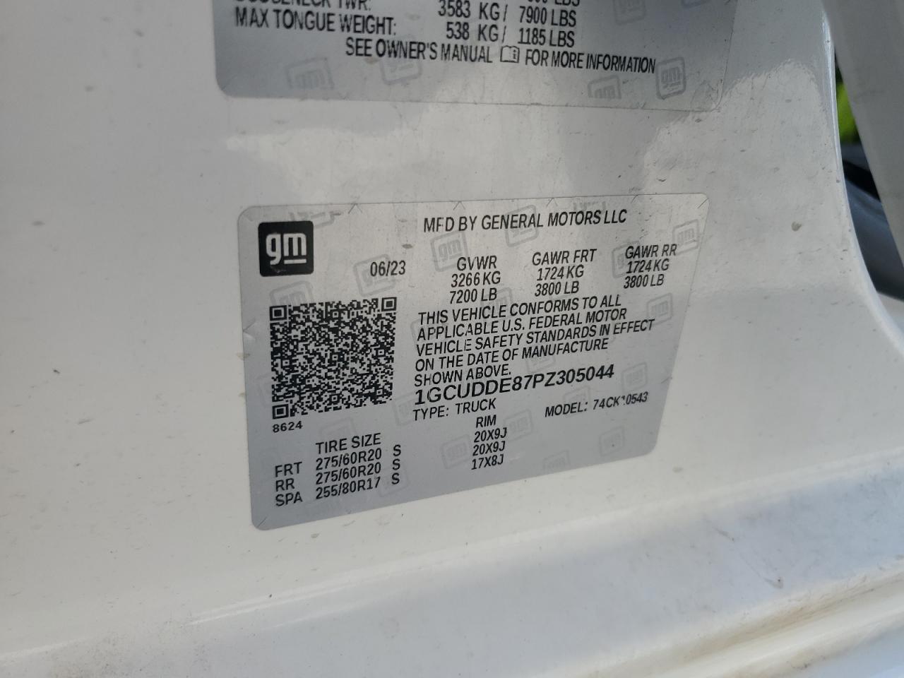 2023 CHEVROLET SILVERADO K1500 LT VIN:1GCUDDE87PZ305044