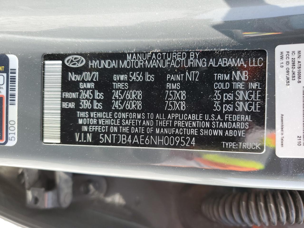 2022 HYUNDAI SANTA CRUZ SEL VIN:5NTJB4AE6NH009524