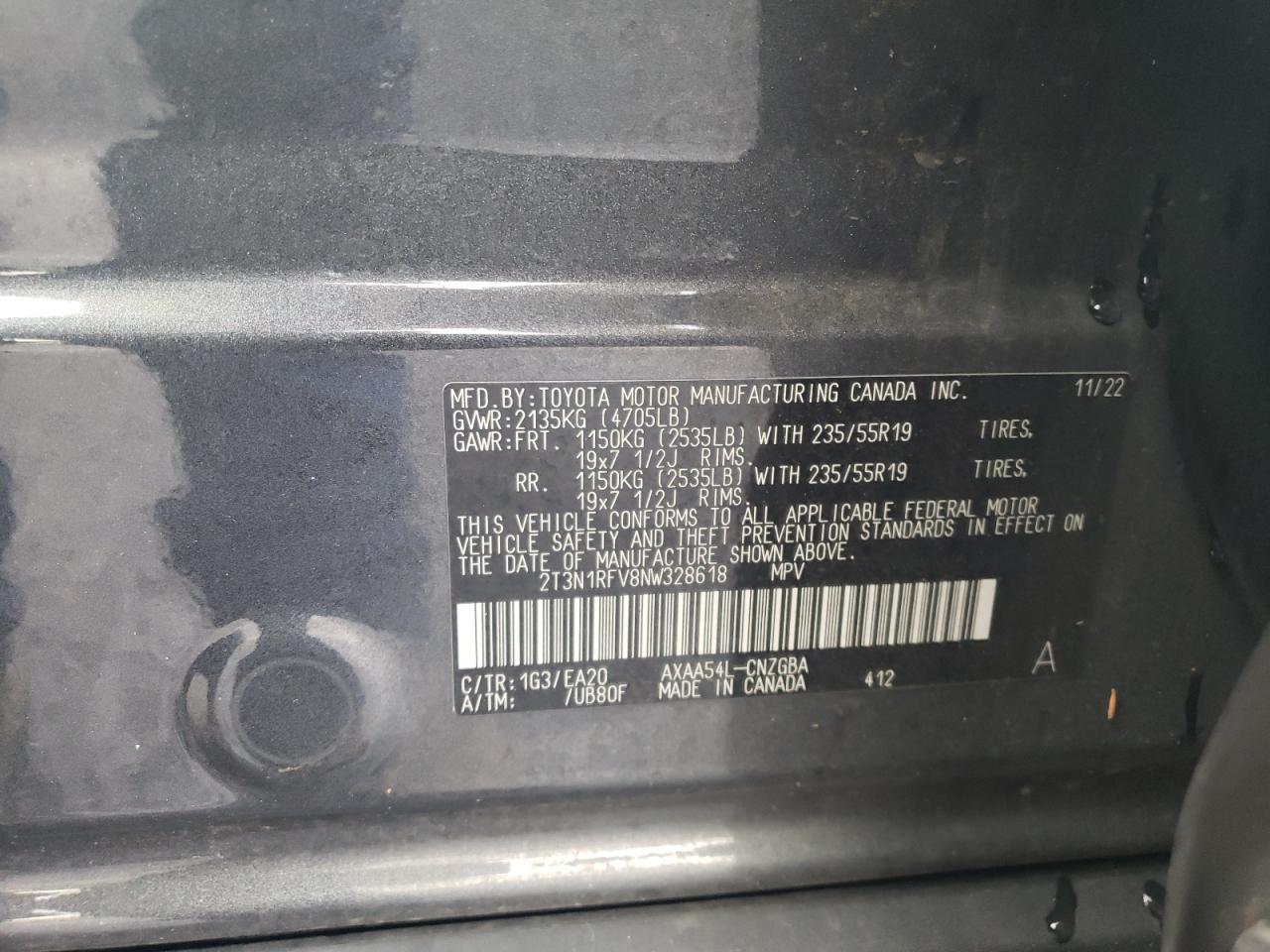 2022 TOYOTA RAV4 LIMITED VIN:2T3N1RFV8NW328618