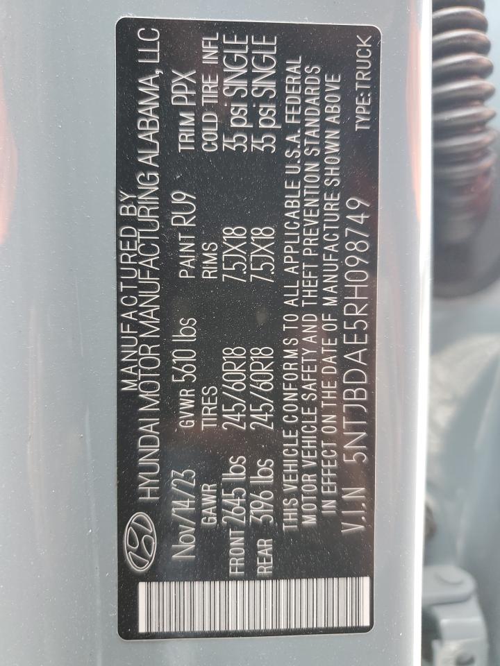 2024 HYUNDAI SANTA CRUZ SEL VIN:5NTJBDAE5RH098749