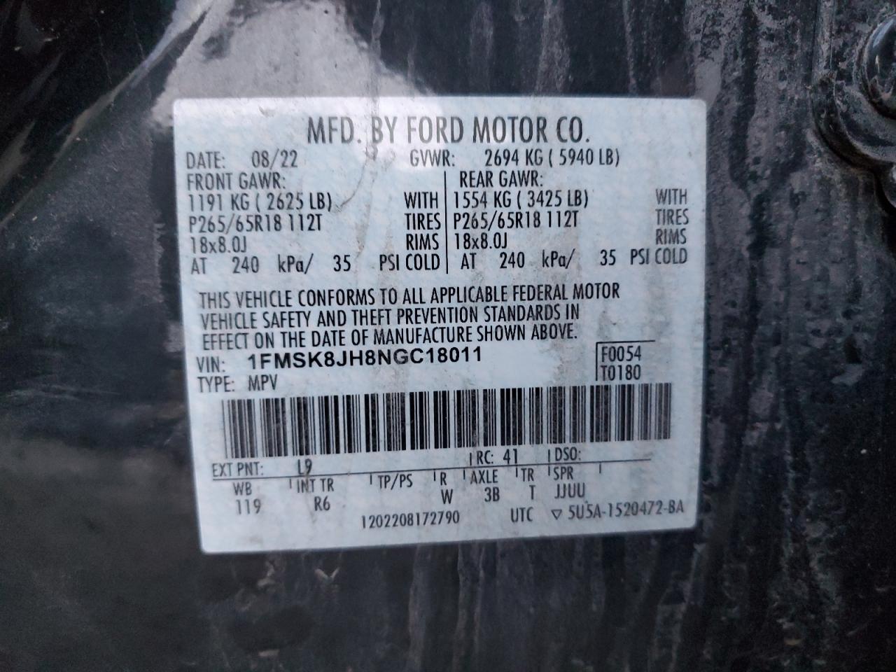 2022 FORD EXPLORER TIMBERLINE VIN:1FMSK8JH8NGC18011