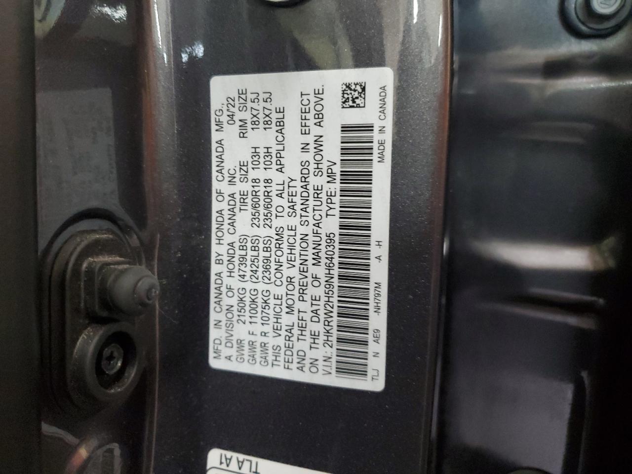 2022 HONDA CR-V EX VIN:2HKRW2H59NH640395