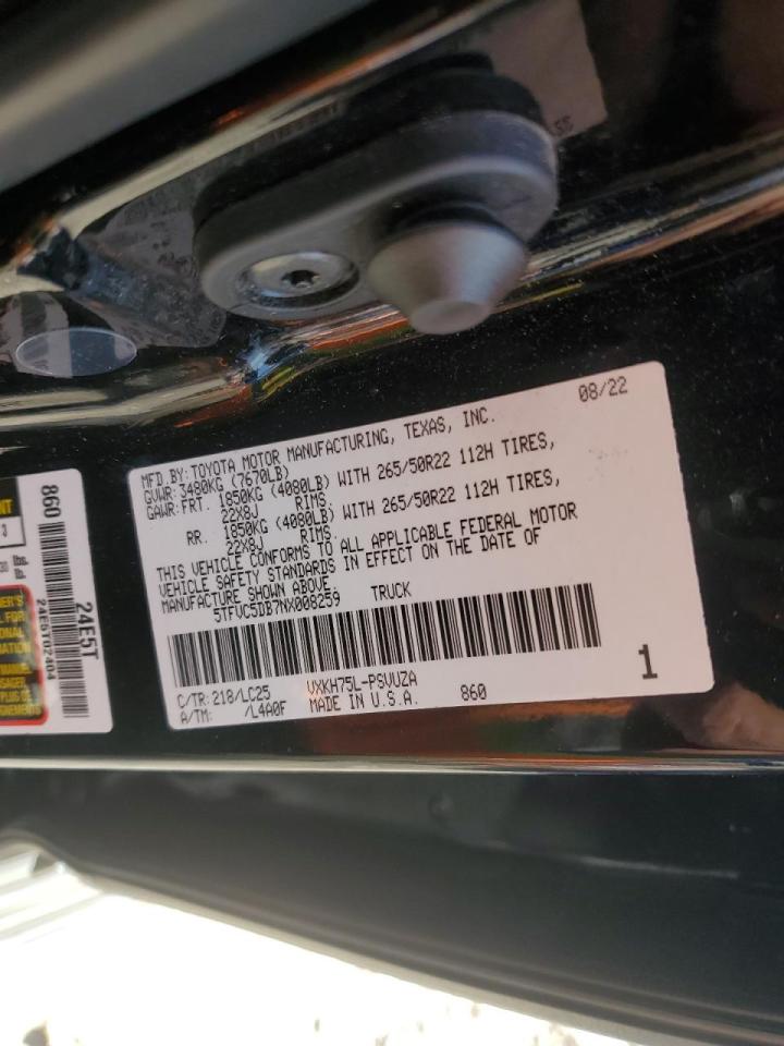 2022 TOYOTA TUNDRA CREWMAX CAPSTONE VIN:5TFVC5DB7NX008259