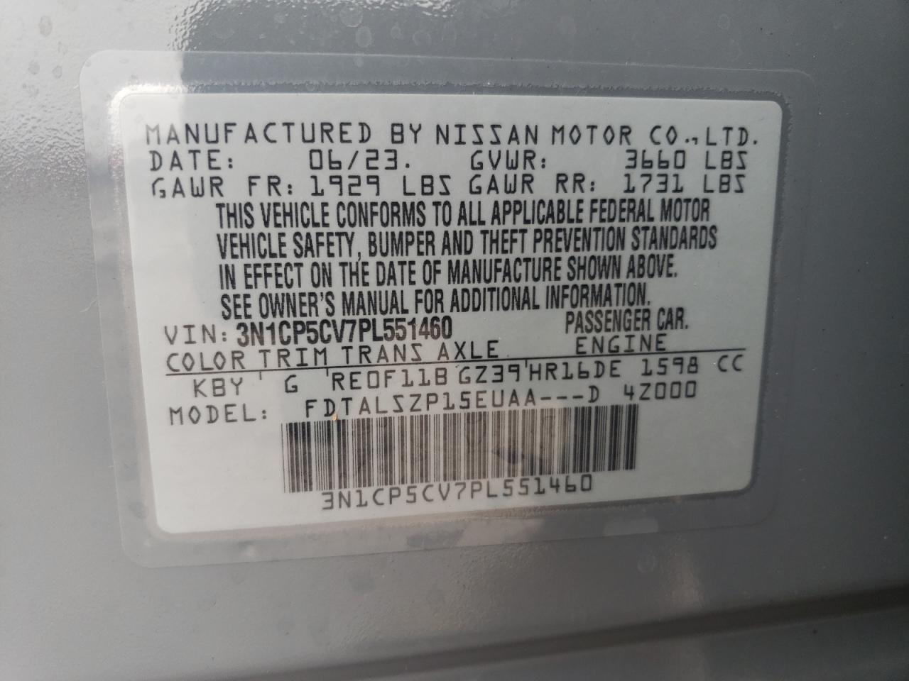 2023 NISSAN KICKS SV VIN:3N1CP5CV7PL551460