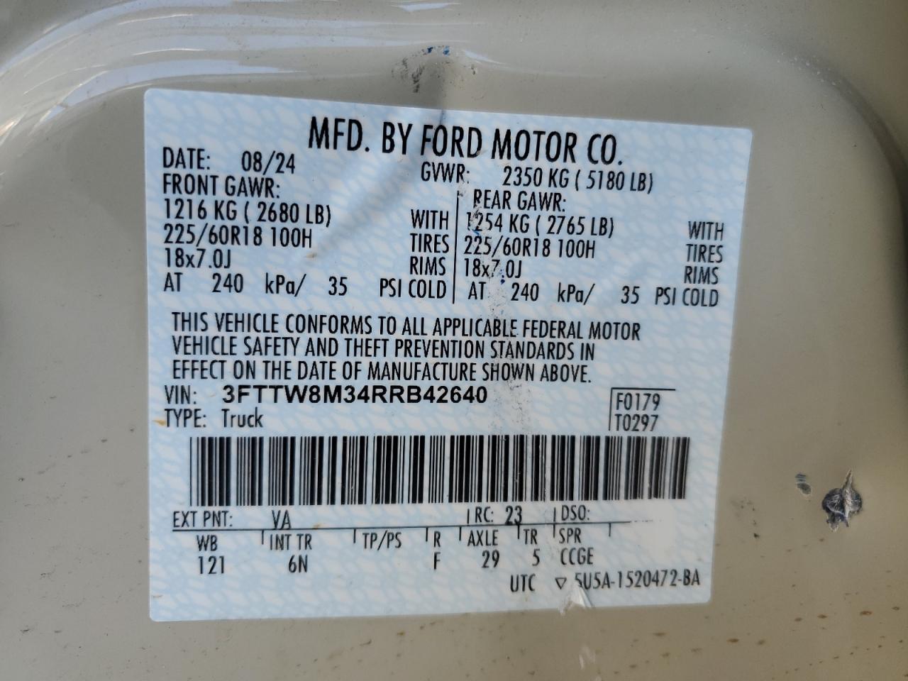 2024 FORD MAVERICK LARIAT VIN:3FTTW8M34RRB42640
