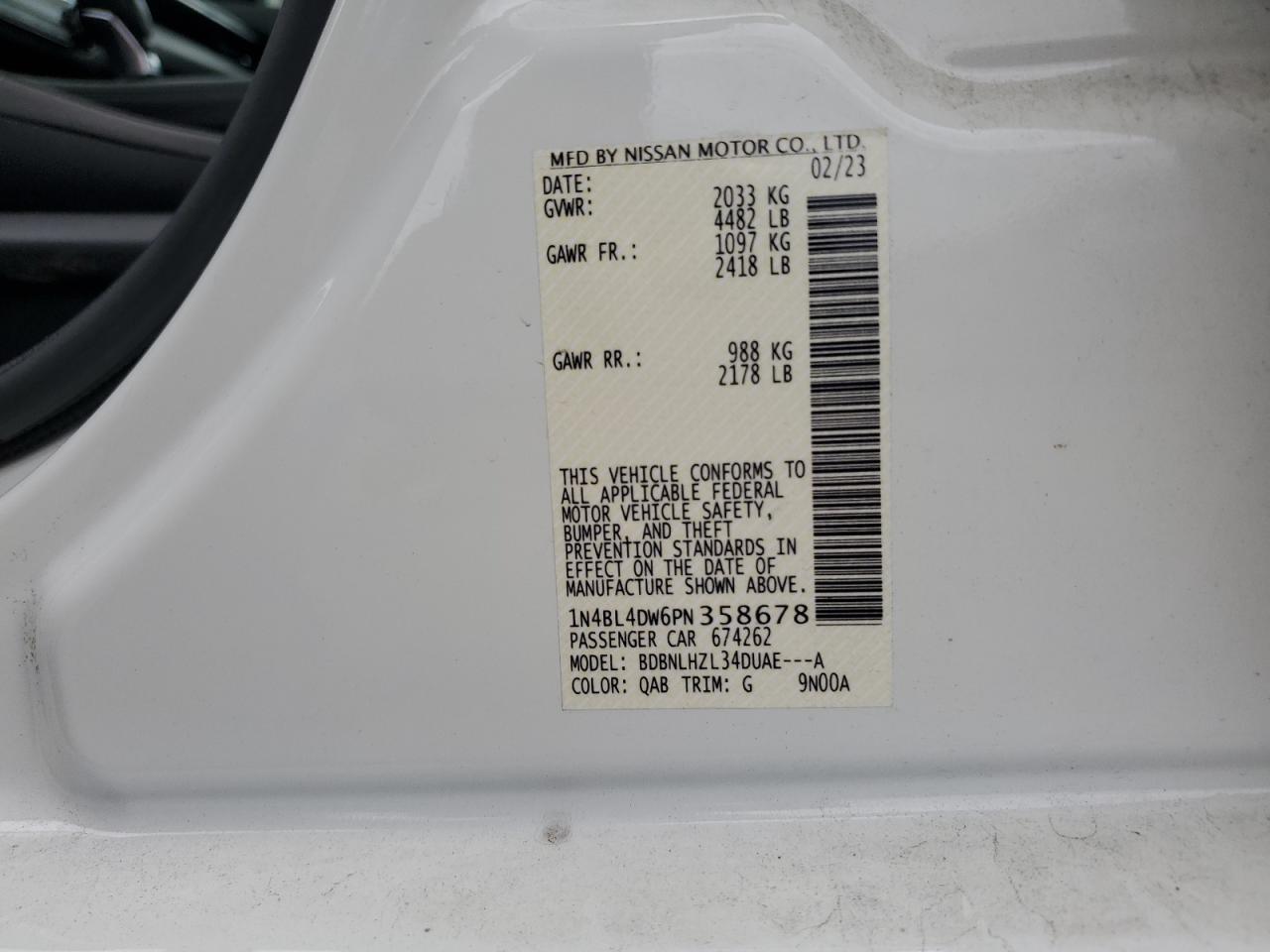 2023 NISSAN ALTIMA SV VIN:1N4BL4DW6PN358678