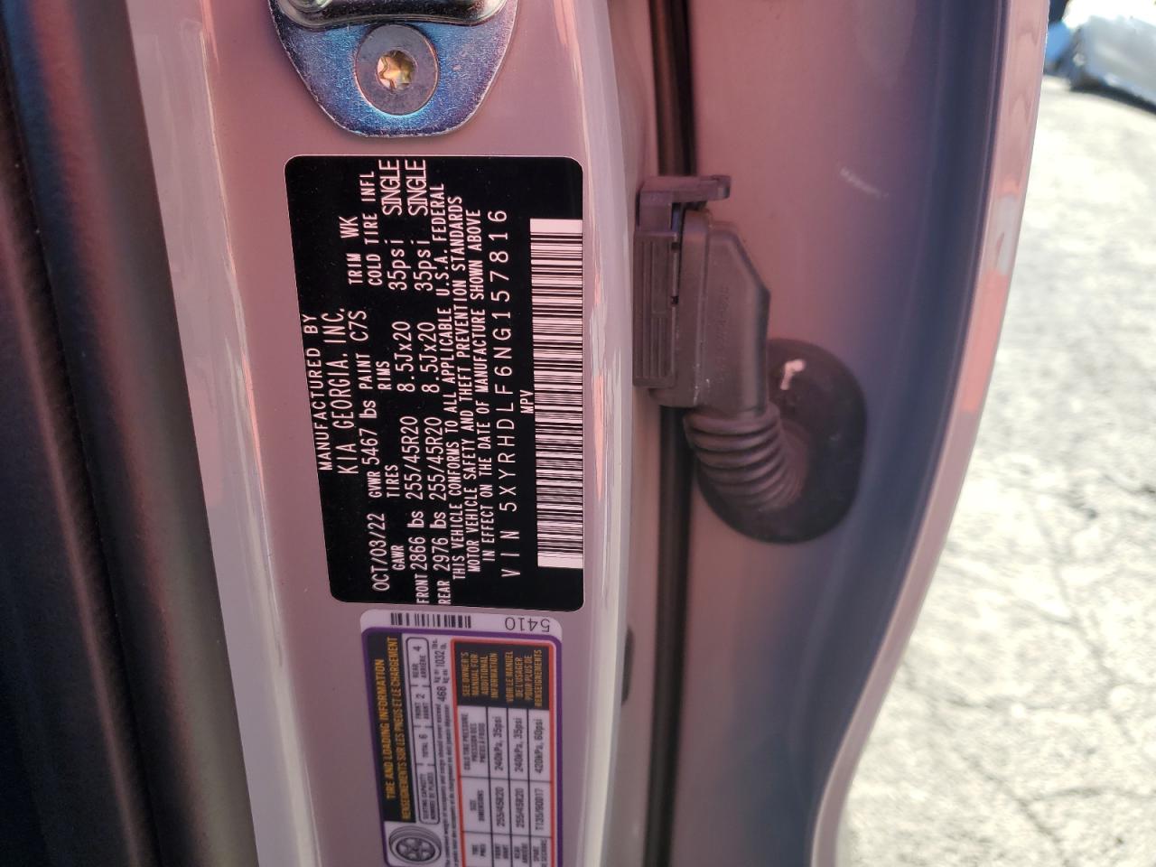 2022 KIA SORENTO EX VIN:5XYRHDLF6NG157816