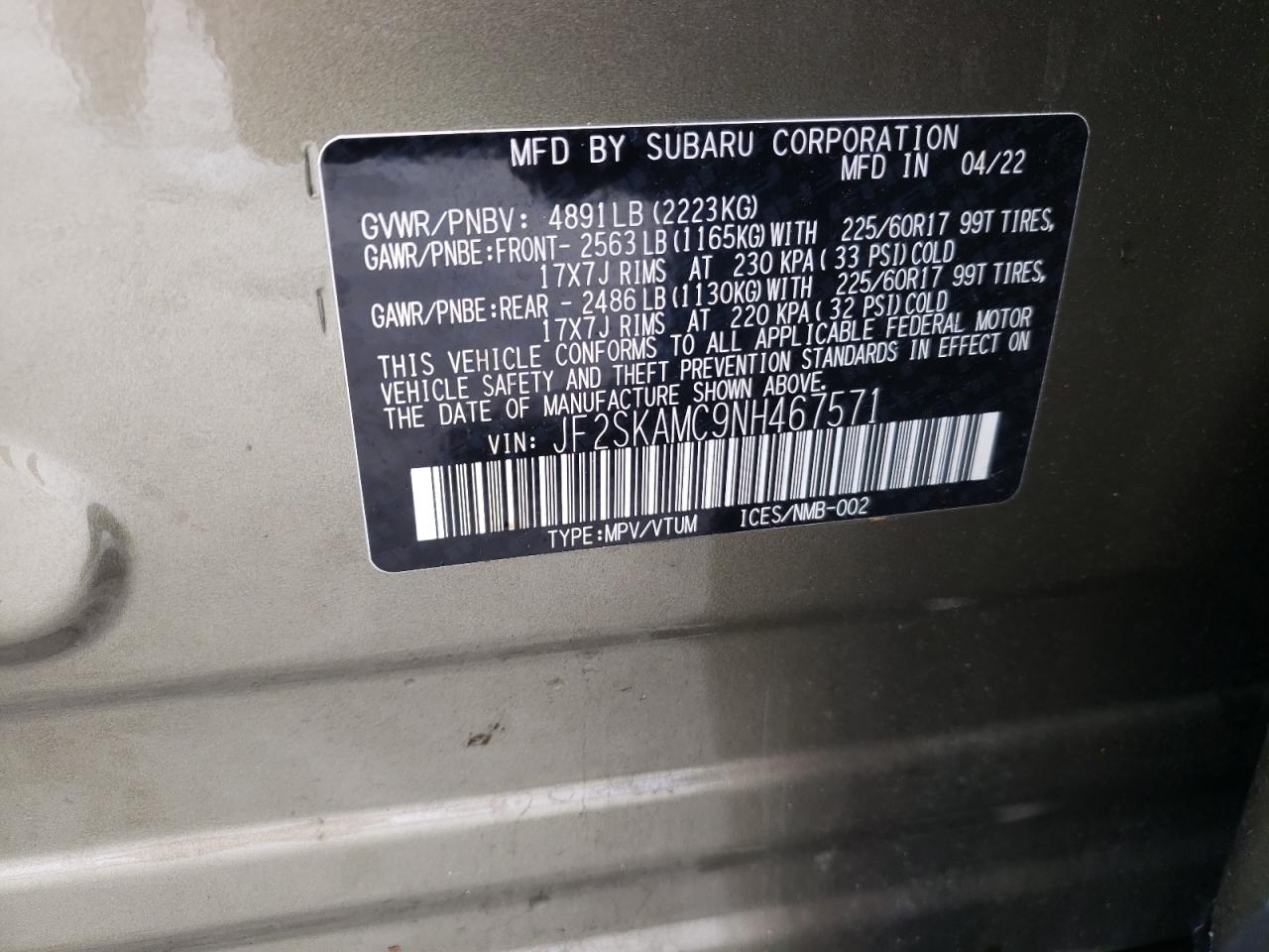 2022 SUBARU FORESTER WILDERNESS VIN:JF2SKAMC9NH467571