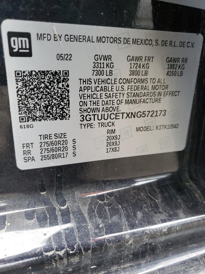 2022 GMC SIERRA K1500 ELEVATION VIN:3GTUUCETXNG572173