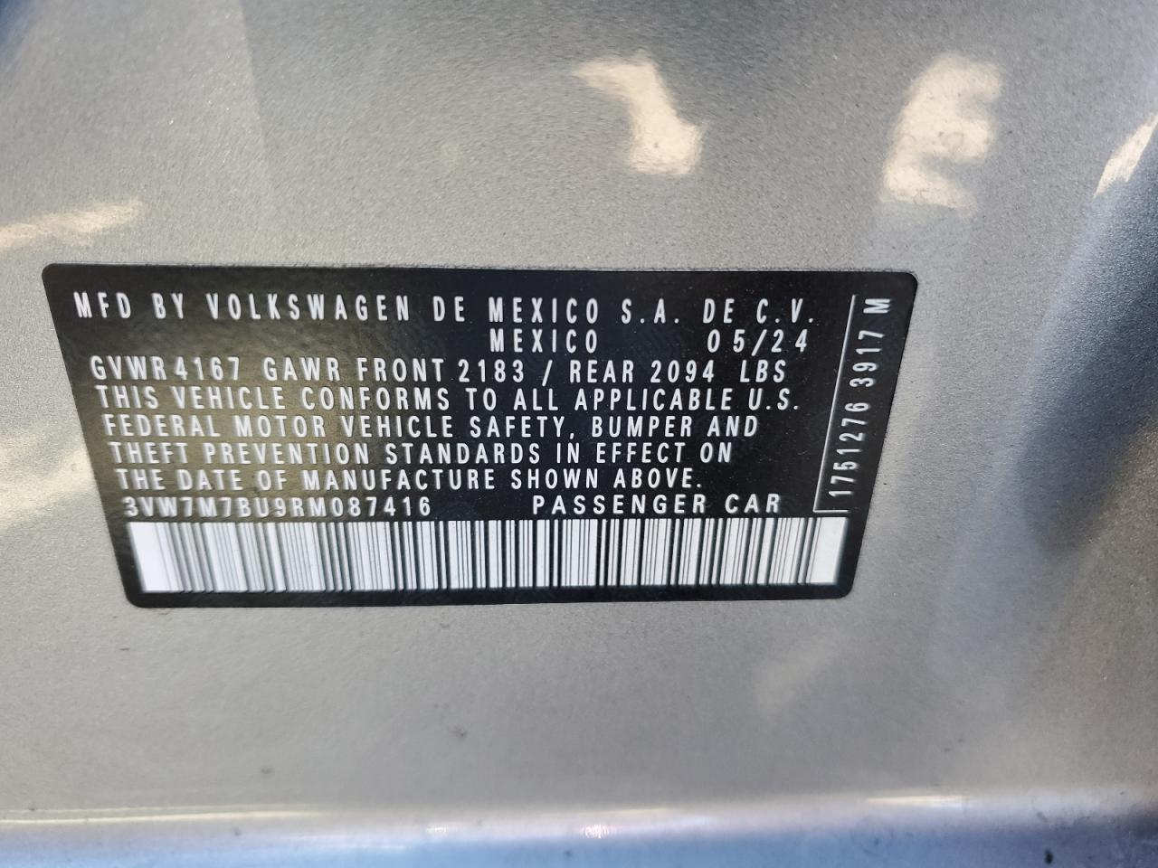 2024 VOLKSWAGEN JETTA SE VIN:3VW7M7BU9RM087416