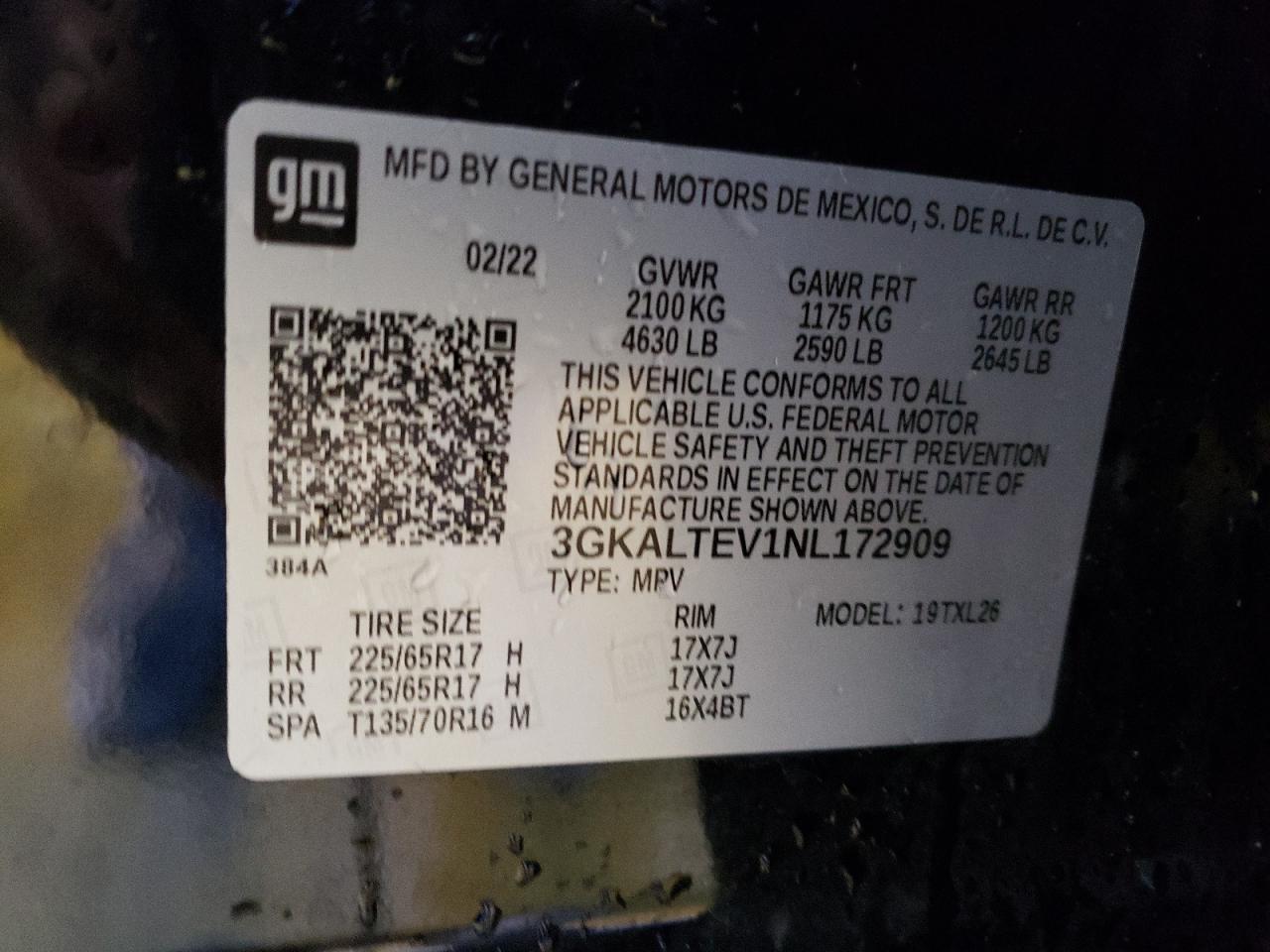 2022 GMC TERRAIN SLE VIN:3GKALTEV1NL172909