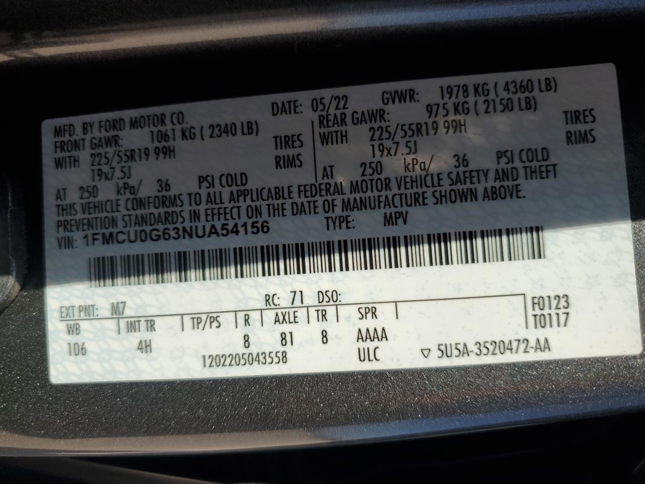 2022 FORD ESCAPE SE VIN:1FMCU0G63NUA54156
