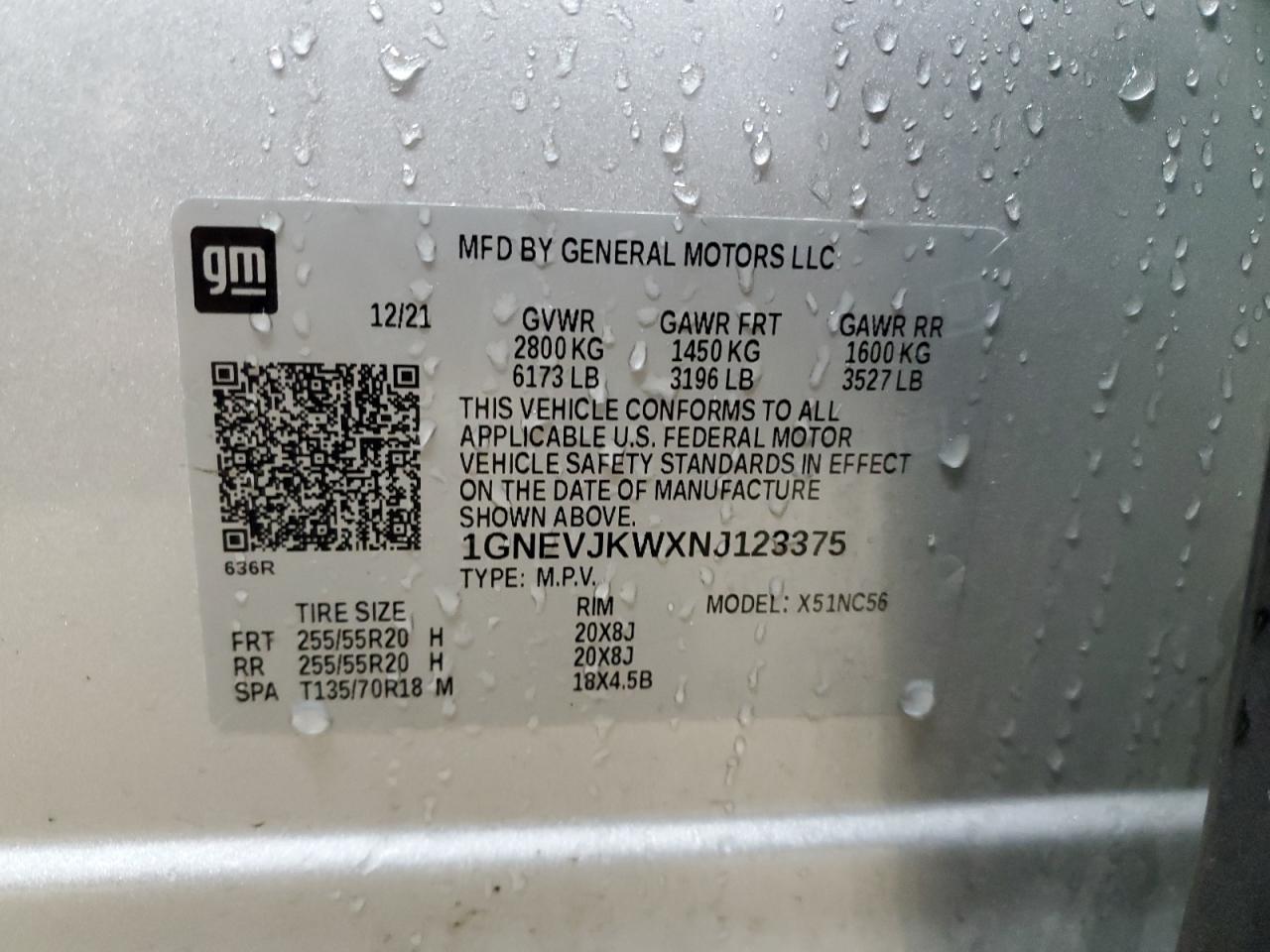 2022 CHEVROLET TRAVERSE RS VIN:1GNEVJKWXNJ123375