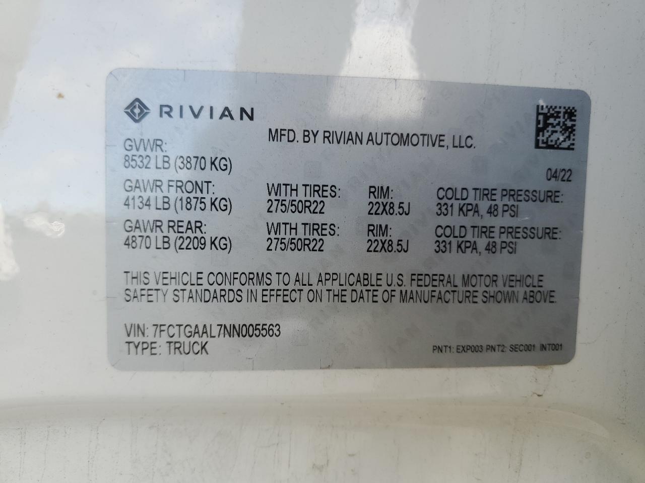 2022 RIVIAN R1T LAUNCH EDITION VIN:7FCTGAAL7NN005563