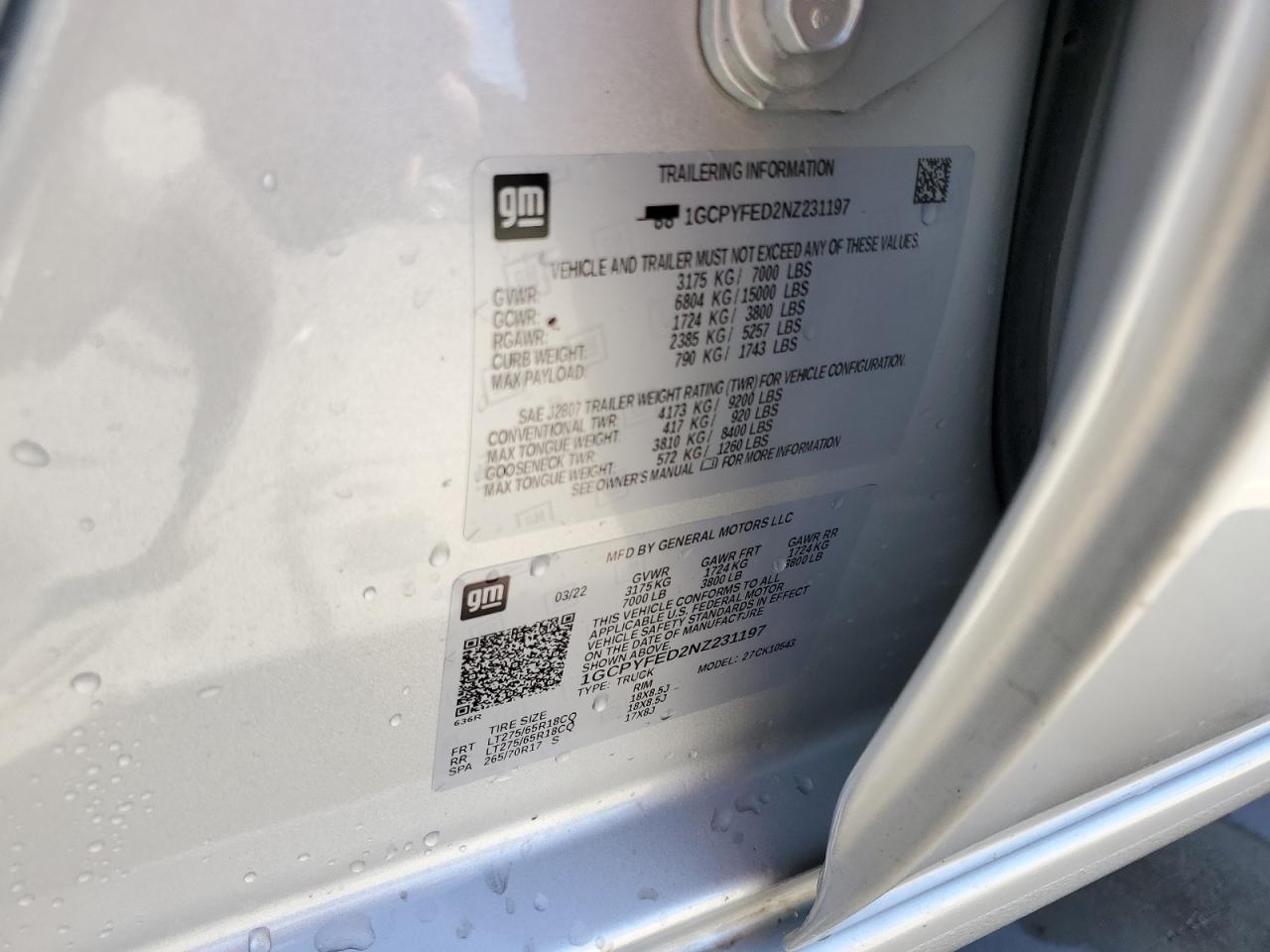 2022 CHEVROLET SILVERADO LTD K1500 LT TRAIL BOSS VIN:1GCPYFED2NZ231197