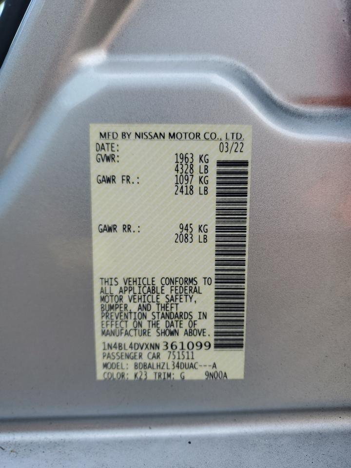 2022 NISSAN ALTIMA SV VIN:1N4BL4DVXNN361099