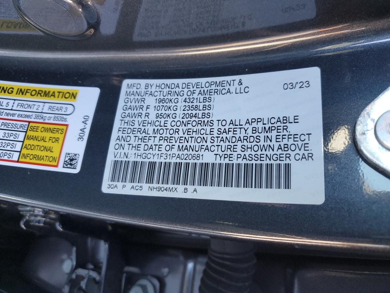 2023 HONDA ACCORD EX VIN:1HGCY1F31PA020681