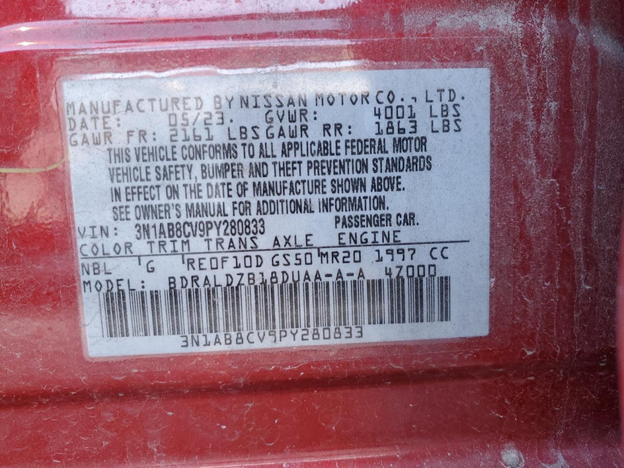 2023 NISSAN SENTRA SV VIN:3N1AB8CV9PY280833