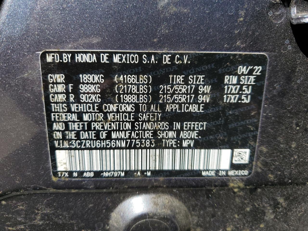 2022 HONDA HR-V EX VIN:3CZRU6H56NM775383