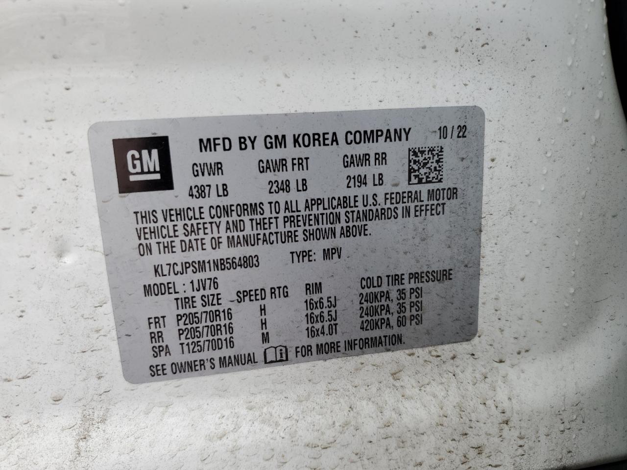 2022 CHEVROLET TRAX 1LT VIN:KL7CJPSM1NB564803