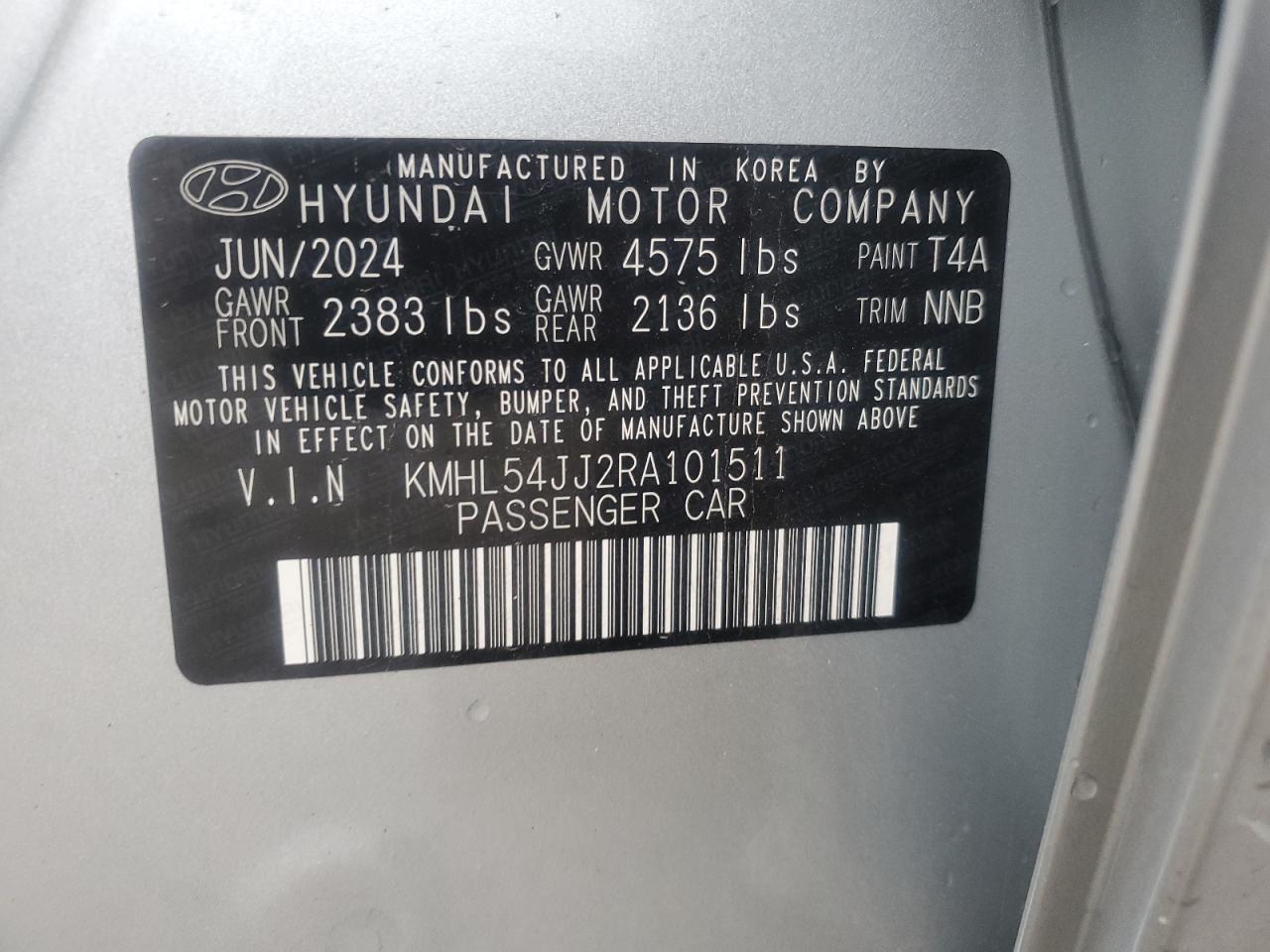 2024 HYUNDAI SONATA HYBRID VIN:KMHL54JJ2RA101511