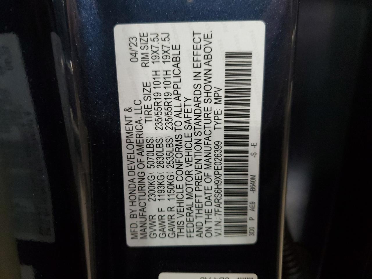 2023 HONDA CR-V SPORT TOURING VIN:7FARS6H9XPE026399