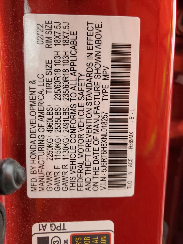 2022 HONDA CR-V EXL VIN:5J6RT6H8XNL018257