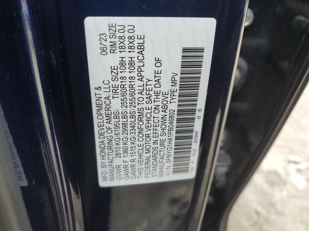 2023 HONDA PILOT EXL VIN:5FNYG1H41PB046802