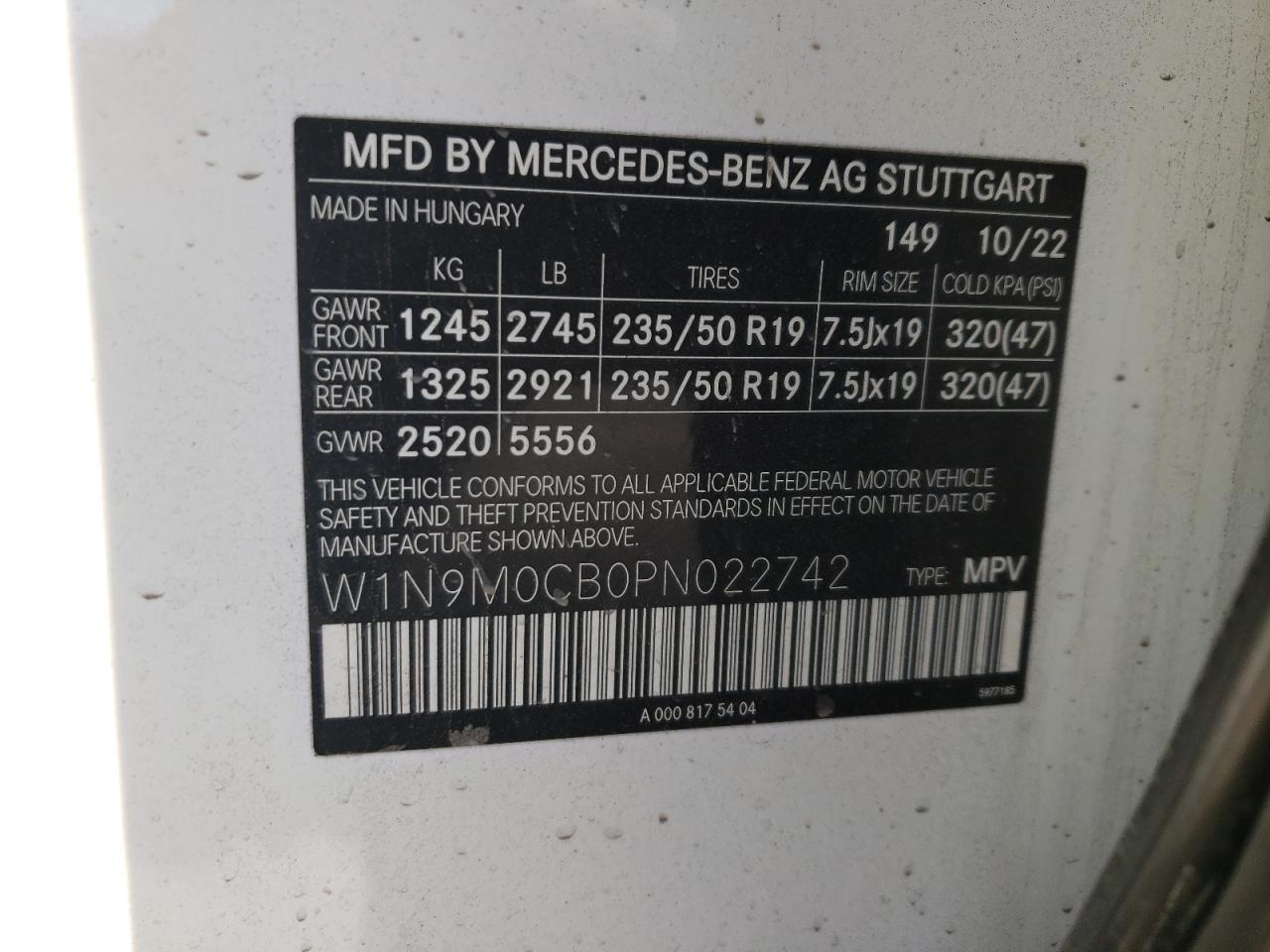 2023 MERCEDES-BENZ EQB 250+ VIN:W1N9M0CB0PN022742