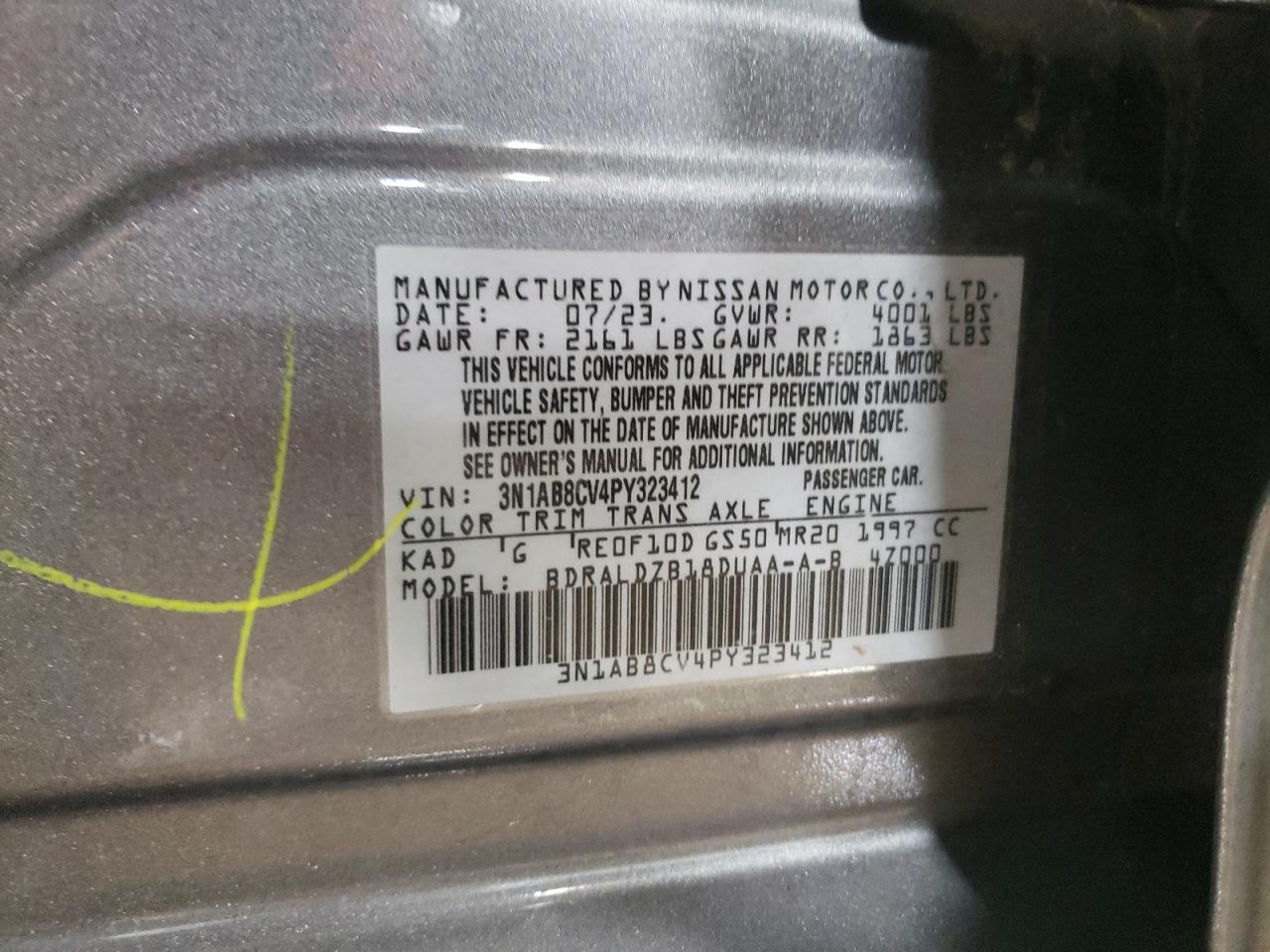 2023 NISSAN SENTRA SV VIN:3N1AB8CV4PY323412