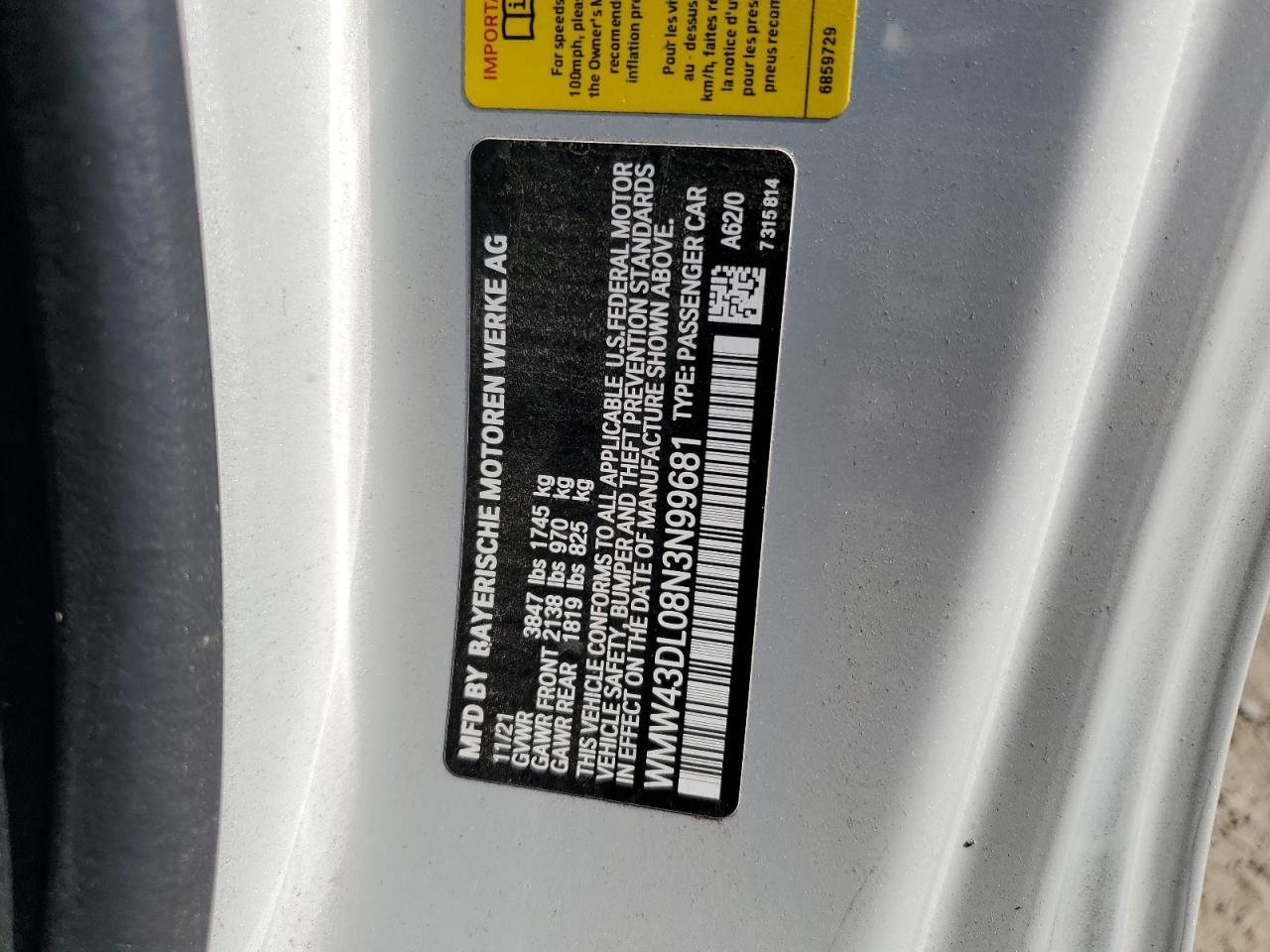2022 MINI COOPER S VIN:WMW43DL08N3N99681