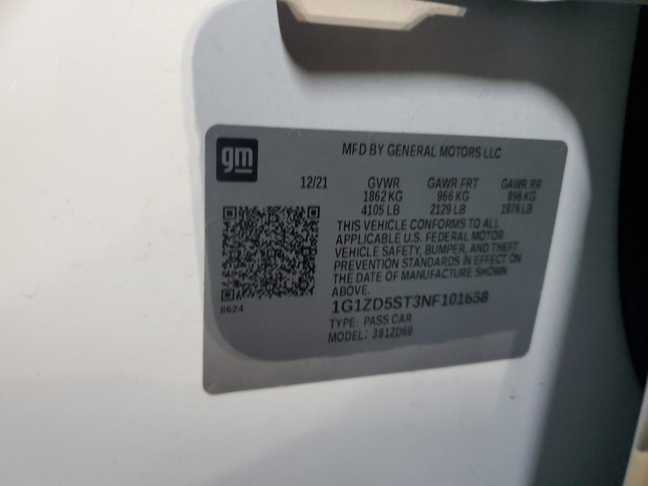 2022 CHEVROLET MALIBU LT VIN:1G1ZD5ST3NF101658