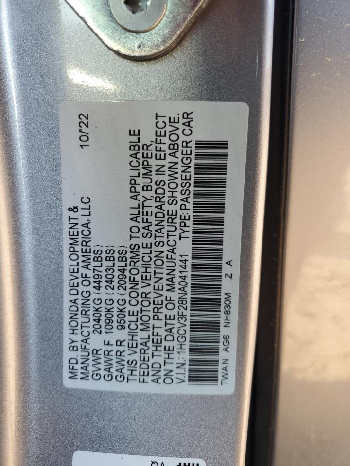 2022 HONDA ACCORD HYBRID SPORT VIN:1HGCV3F28NA041441